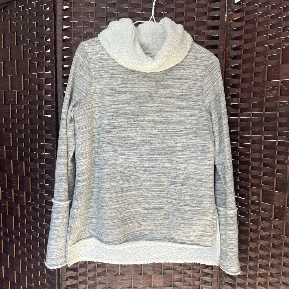 Sonoma Womens Grey and White Sherpa Lined Pullover Turtleneck Sweatshirt - Small
